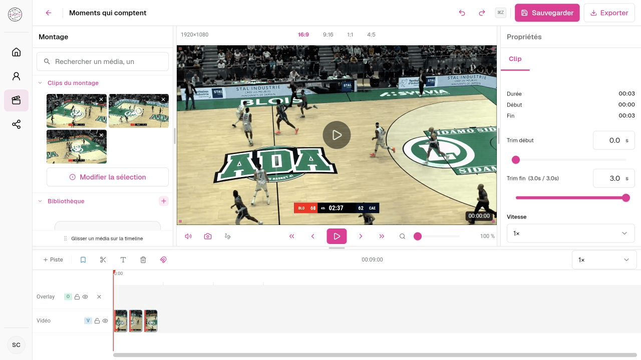 Éditeur Orion Social montrant un montage vidéo de basketball et sa timeline.